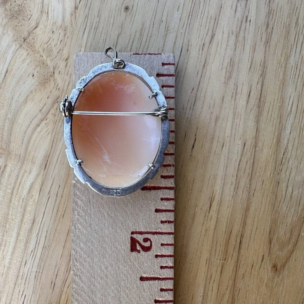 Antique Carved Shell Cameo Pendant Italy 800 Fine Silver 6.7g‎ Marcasite 1.5" - Picture 6 of 6